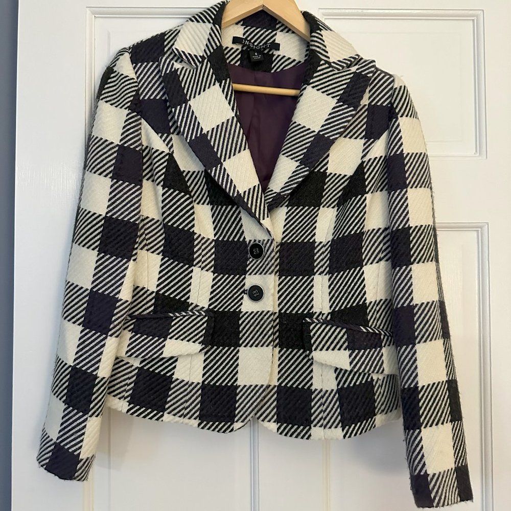 Gorgeous deep purple and cream blazer wool size 6 by insight  wool tweed plaid